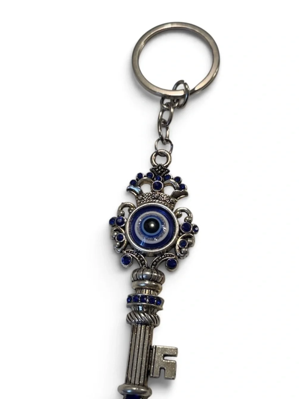 eye candy Silver Key-Shaped Keychain with Blue Evil Eye Accents
